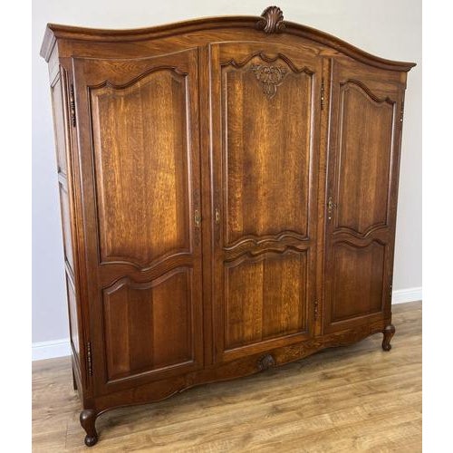 Vintage French Louis XVI Style Carved Oak 3-Door Armoire For Sale - Image 13 of 13