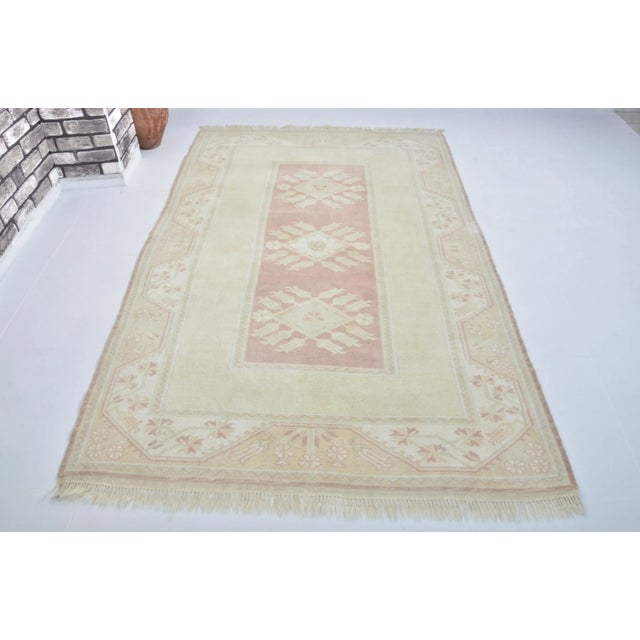 Art Deco 1960s Beige Vintage Natural Faded Handmade Wool Rug For Sale - Image 3 of 11