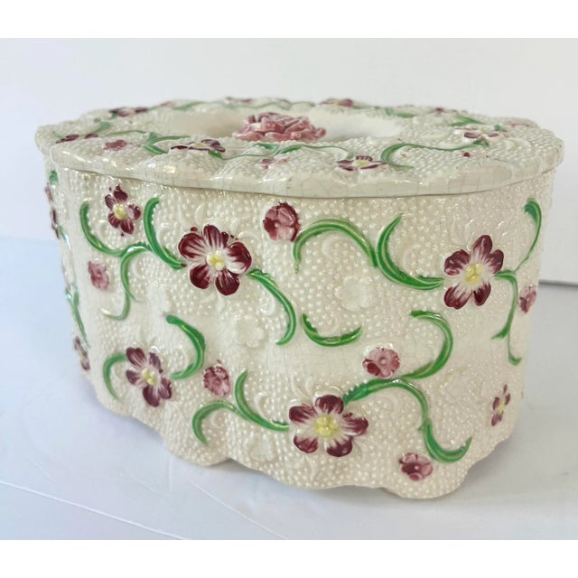 Beautiful Floral Crackle Glazed Covered Porcelain Box. Lovely scalloped sides and hobnailed like pattern with a...