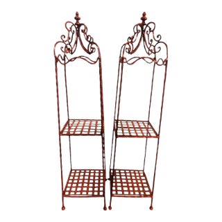Vintage Tall Red Decorative Iron Pagoda Shaped 2 Shelf Room Decor Small Etagere's- A Pair For Sale