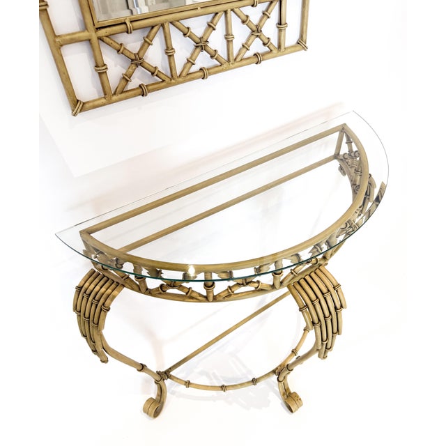 Hollywood Regency Metal Faux Bamboo Demilune Console Table and Mirror - Set of 2 For Sale - Image 9 of 13