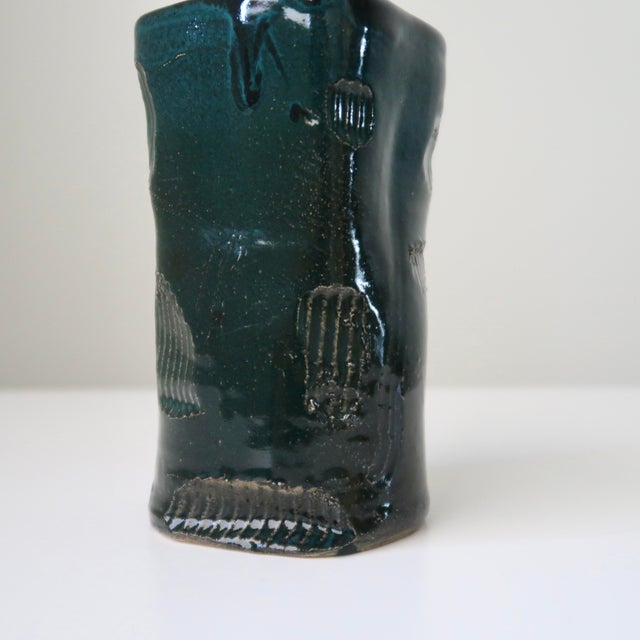 Handbuilt Organic Sculptural Pinched Square Rim Ceramic Vase in Dark Teal Glaze With Ribbed Relief Pattern For Sale - Image 15 of 18