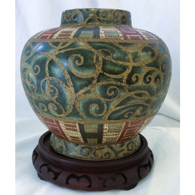 Wood Oriental Vase With Stand For Sale - Image 7 of 7