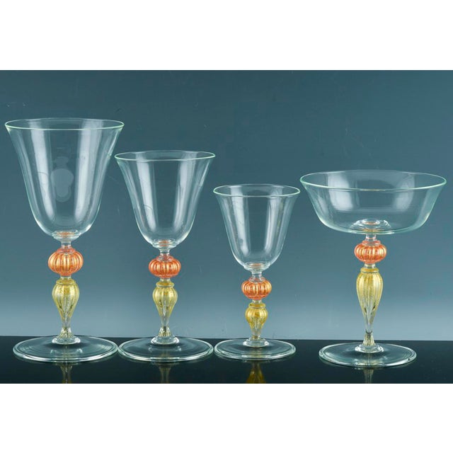 Transparent Vintage Murano Glass Large Wine Glasses, Peach and Gold-Leaf Ribbed Stems, Set of Ten For Sale - Image 8 of 8