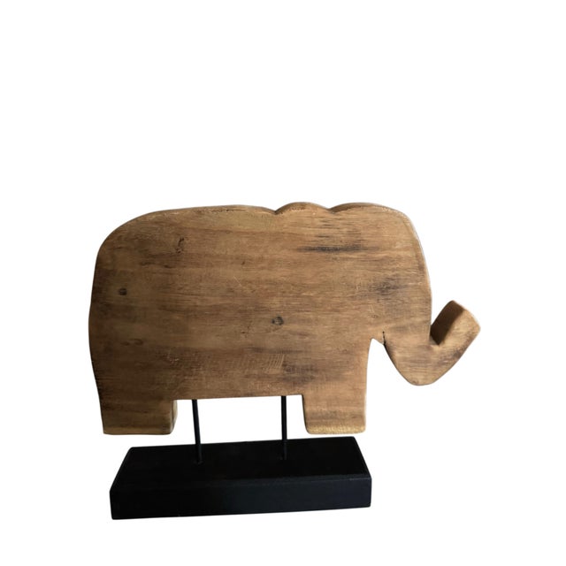 English Hand-Carved Floral Wood Elephant Sculpture on Black Wooden Stand For Sale - Image 3 of 7