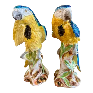 Pair of Large 1980s Italian Hand Painted Porcelain Macaw Parrot Bird Sculptures