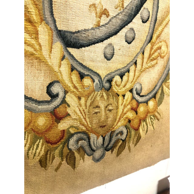 Gothic Hand Woven Wool Tapestry Fragment With Embellished Crest Design in Tones of Soft Blue, Sand and Butterscotch For Sale - Image 3 of 6