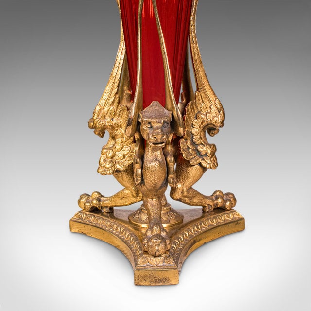 Metal Antique Epergne, French, Gilt Bronze, Cranberry Art Glass, Flower Vase, c.1920 For Sale - Image 7 of 12