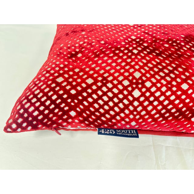 Red Geometric Cut Velvet Lumbar Pillow With Down Insert For Sale In Palm Springs - Image 6 of 8
