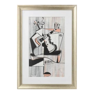Cubist Guitar Drawing by "Record" 1950s For Sale