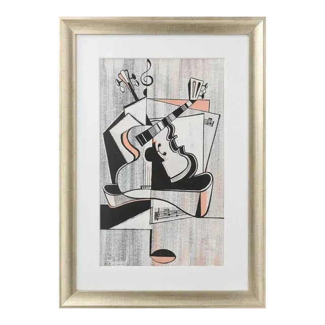 Cubist Guitar Drawing by "Record" 1950s For Sale