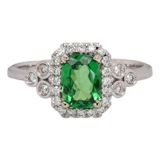 1ct Tsavorite Garnet and Natural Diamond Accents Ring in 14k Solid White Gold For Sale