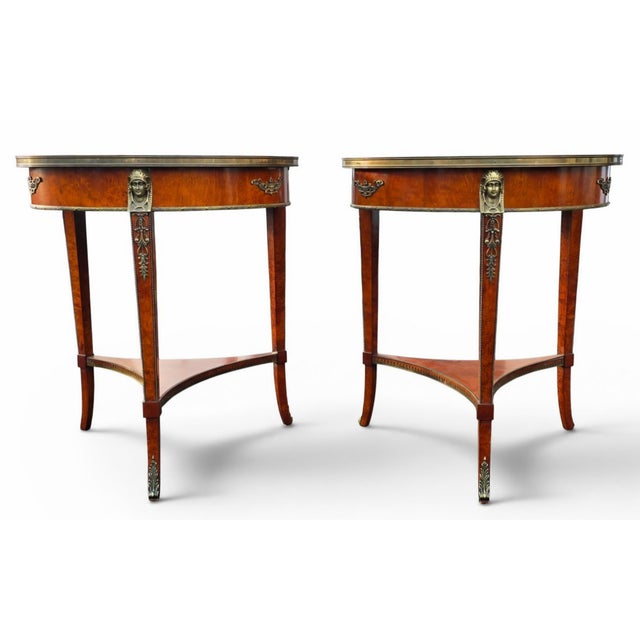 Pair of Mid 20th Century John Widdicomb Neoclassical Figured Burlwood Side Tables With Brass Galleries and Bronze Ram's Head Mounts For Sale - Image 12 of 13