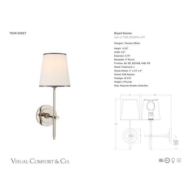 Modern Thomas O'Brien for Visual Comfort Signature Bryant Sconce in Polished Nickel with Linen Shade with Silver Tape For Sale - Image 3 of 5