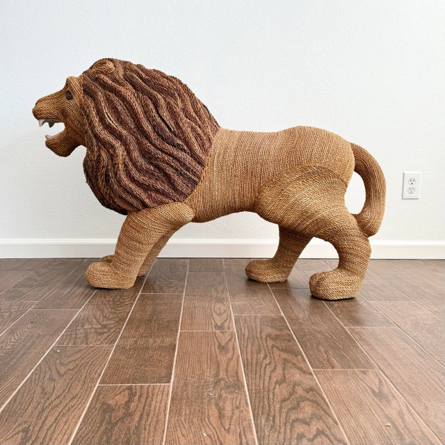 Mario Lopez Torres Huge Vintage Lion in Style of Mario Lopez Torres Wicker Rattan VTG Art For Sale - Image 4 of 8