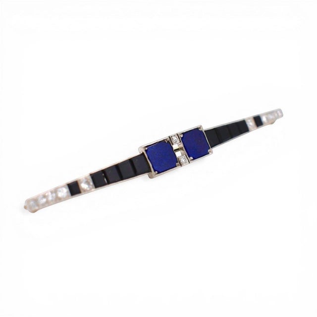 Art Deco Art Deco Platinum Bar Brooch - Lapis Lazuli, Onyx & Diamonds - Circa 1920 For Sale - Image 3 of 6