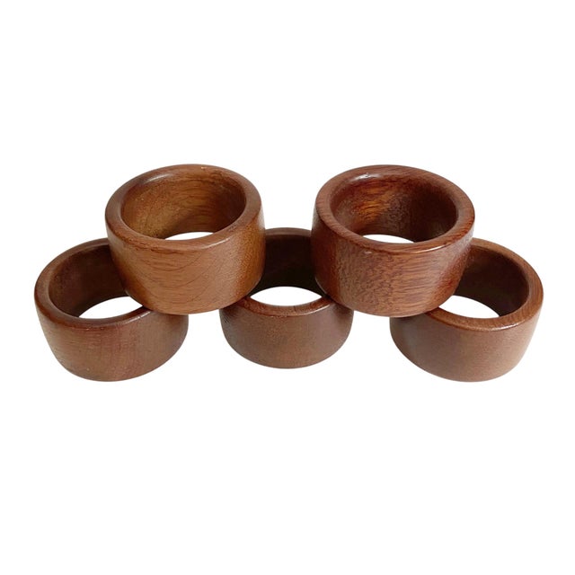 Vintage Mid-Century Modern Teak Wood Napkin Rings – Set of 5, Boho Natural Wood Holder For Sale - Image 4 of 4