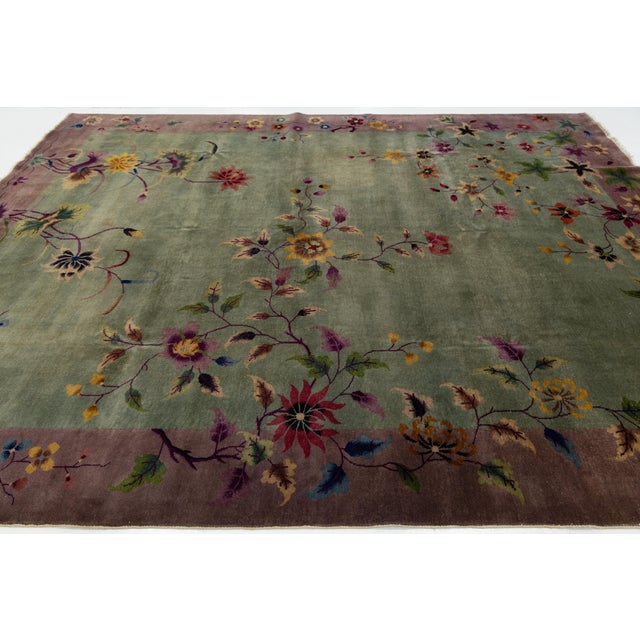 Green Antique 1920s Art Deco Chinese Nichols Rug in Sage Green & Plum Floral Design For Sale - Image 8 of 12