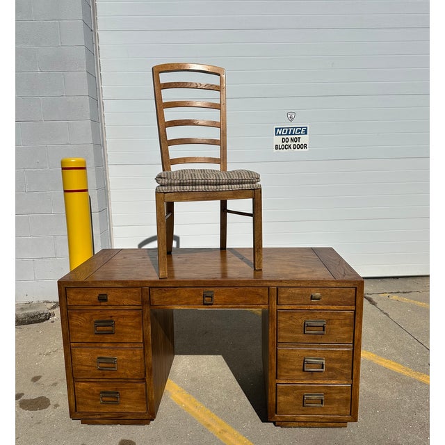 1980s Drexel Heritage Woodbriar Collection Campaign 7 Drawer Desk & Chair For Sale - Image 12 of 16