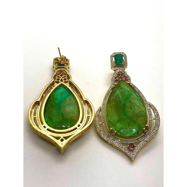 English Bochic “Capri” Vintage Emerald, Tourmaline & Diamond Earrings Set In 18K Gold & Silver For Sale - Image 3 of 13