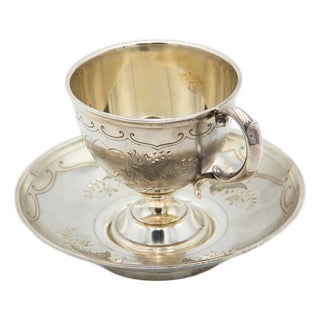 Silver Teacup and Saucer with Floral Motifs, Set of 2 For Sale