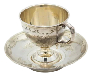 Silver Teacup and Saucer with Floral Motifs, Set of 2