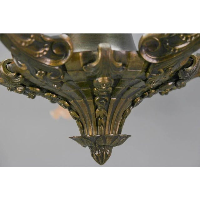 Art Deco Five-Light Bronze and Glass Floral Motif Chandelier, 1920s For Sale - Image 9 of 18