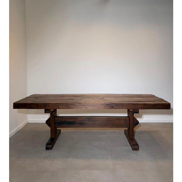Rustic Wood Trestle Dining Table For Sale - Image 5 of 7