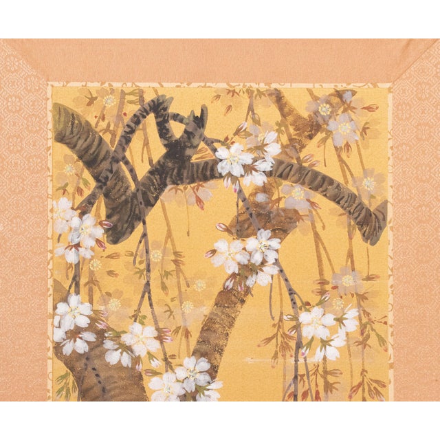 Wood 1960s Showa Era Japanese Painted Panel "Sakura" on Gold Silk Background For Sale - Image 7 of 18