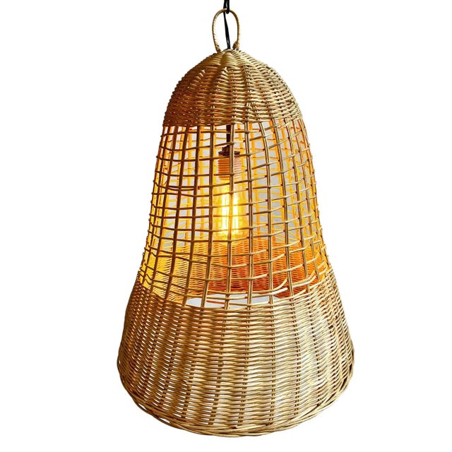 Natural Banded Wicker Bell Pendant Light For Sale - Image 4 of 7