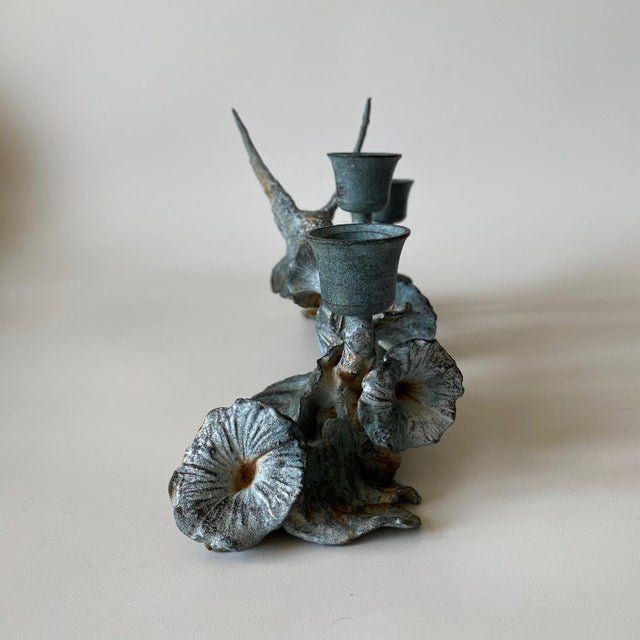 Vintage Spi Triple Candelabra: Pewter, Verde-Patina, Morning Glory Hummingbird For Sale - Image 10 of 18