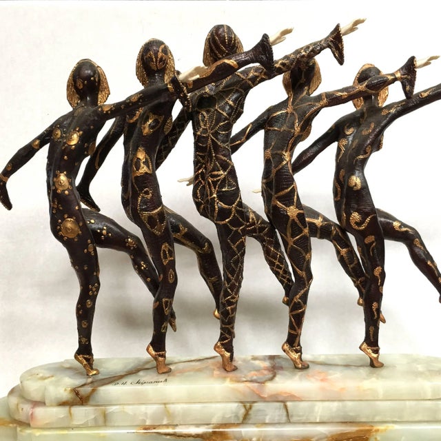 Bronze Large Art Deco Sculpture of Five Chiparus Style Dancers With a Marble Base For Sale - Image 8 of 11