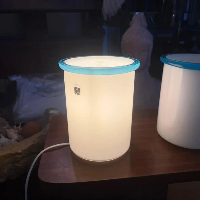 Turquoise Two 1980s Mid-Century Modern White and Turquoise Murano Glass Bed Lamps by Itre For Sale - Image 8 of 17