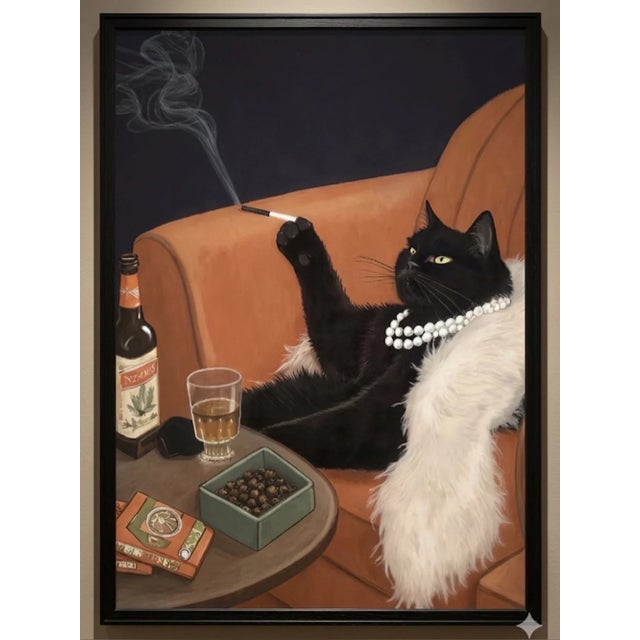 Chic black cat art print featuring a stylish black feline draped with a white fur accent. Elegant wall decor that adds...