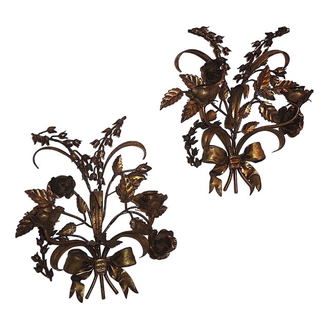 Gilt Tole Double Wall Candleholders with Roses by Hans Kögl, 1960s, Set of 2 For Sale