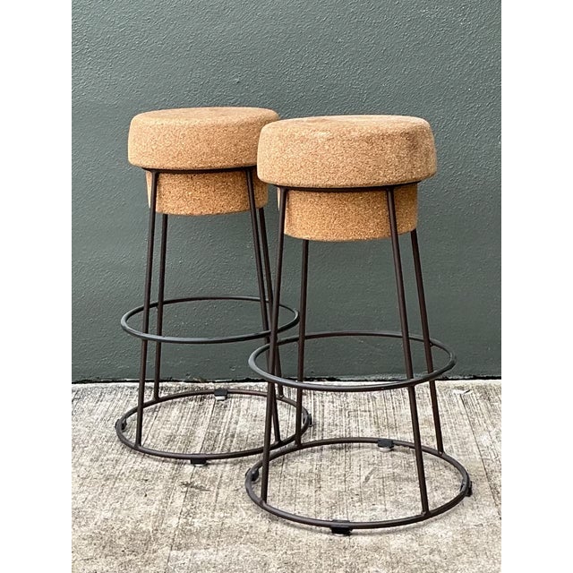 Vintage Cork and Metal Bar Stools - A Pair For Sale - Image 4 of 12