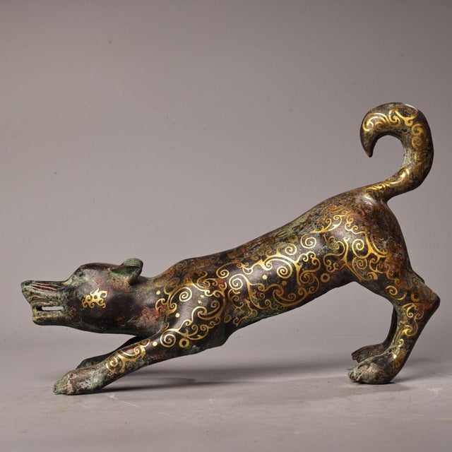 This is a magnificent vintage Chinese bronze sculpture of a mythical beast or hound, designed in the style of ancient...
