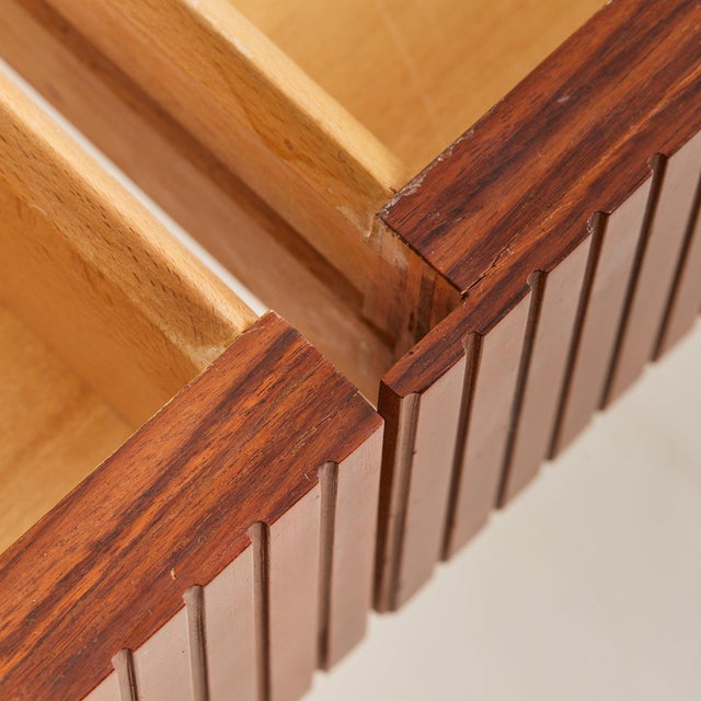 Italian Travertine + Slatted Wood Console Table with Brass Stretcher, 1970s For Sale - Image 11 of 11