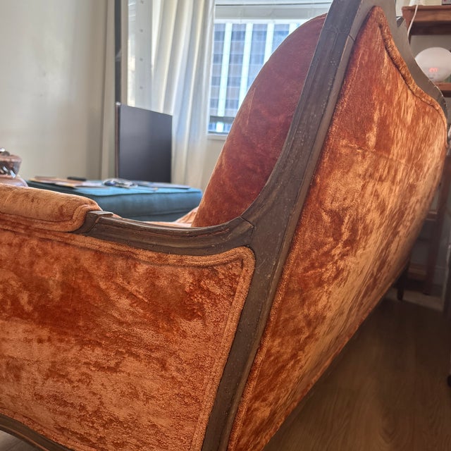 Vintage French Provincial Sofa in Rich Copper Crushed Velvet With Carved Wood Details and Cabriole Legs. Elegant, Warm, and Timeless. For Sale - Image 4 of 12