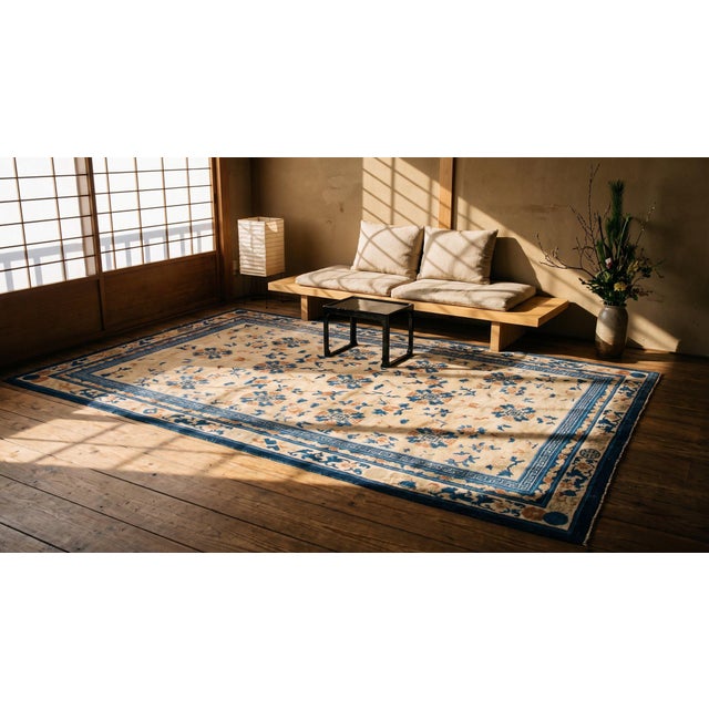 Late 19th Century Impressive Beige Ground Color & Symmetrical Design Antique Chinese Ningxia Rug For Sale - Image 5 of 7