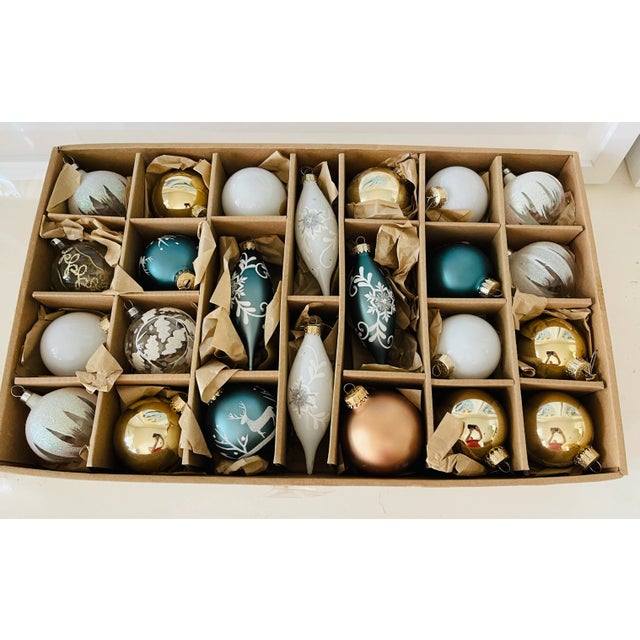Vintage set of 24 glass painted Christmas ornaments. 2” -3”!glass balls with 4” oval drops. In box