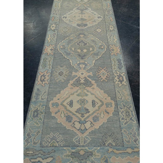 Early 21st Century Turkish Oushak Rug Soft Blue & Green Geometric Handwoven Wool Rug 2'8" X 9'1" For Sale - Image 5 of 11