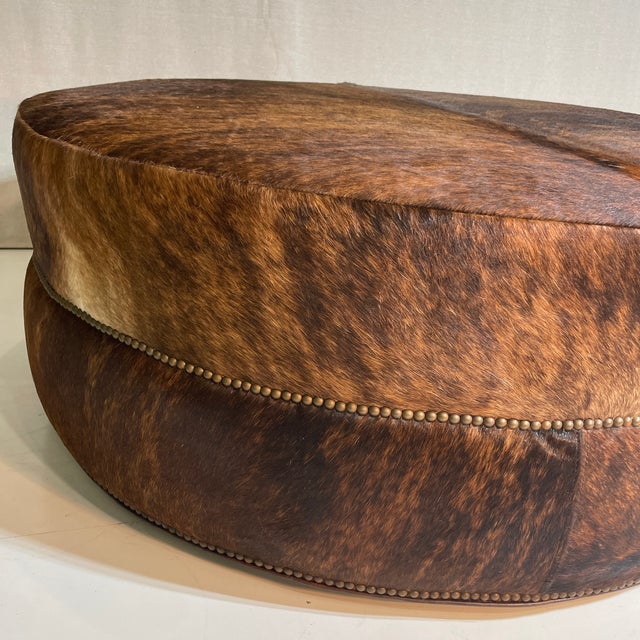 Animal Skin Oversized Round Hide Ottoman For Sale - Image 7 of 12