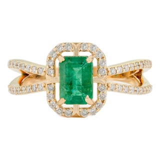 1.06ct Emerald Diamond Halo Split Shank Art Deco Ring Size 4 in 14k Yellow Gold For Sale