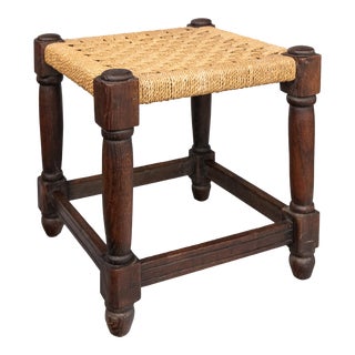 Antique English Oak Woven Cord Rope Stool Footstool For Sale