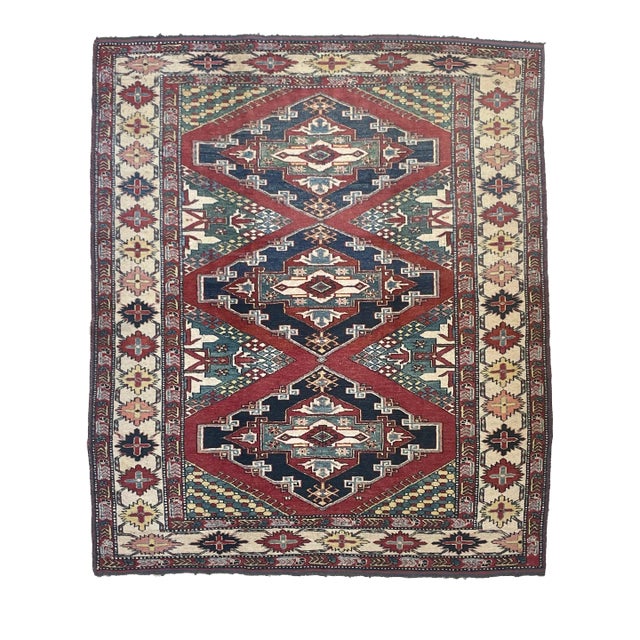 Vintage Tribal Kazak Medallions With Greens & Yellows Rug - 6 X 6.9 For Sale