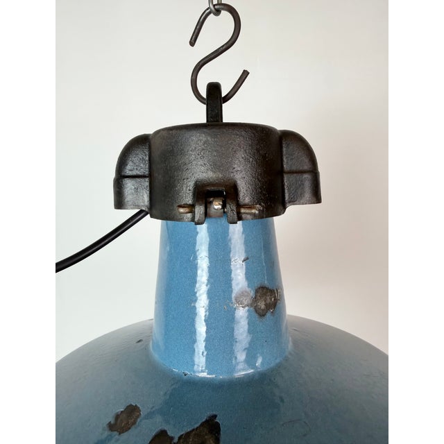 Industrial Industrial Blue Enamel Factory Lamp with Cast Iron Top, 1960s For Sale - Image 3 of 18