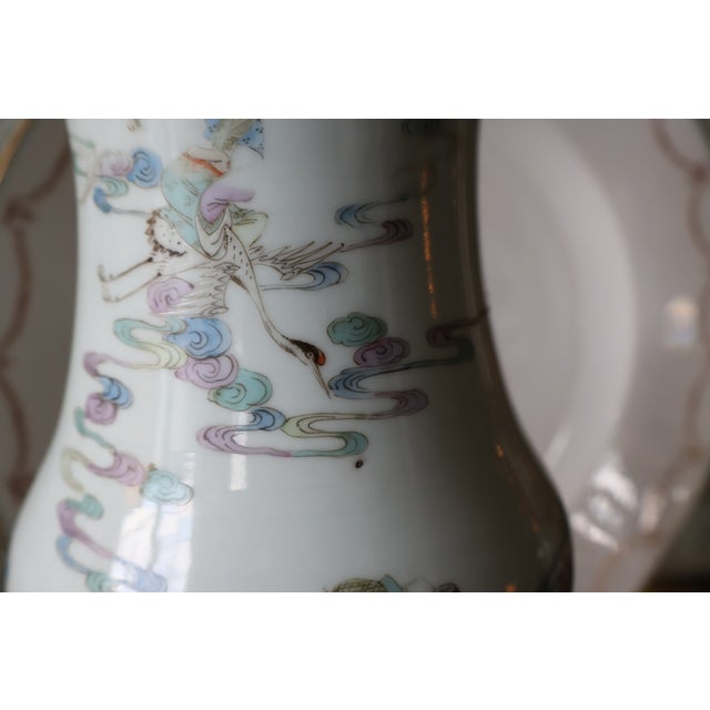 Vintage Chinese Celadon-Ground Famille Rose Celestial Figure Porcelain Table Lamp For Sale - Image 9 of 18