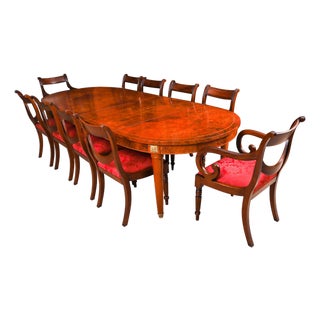 Vintage Empire Revival French Burr Walnut Dining Table and Chairs, Set of 11 For Sale