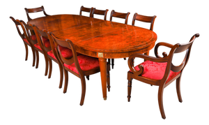 Vintage Empire Revival French Burr Walnut Dining Table and Chairs, Set of 11